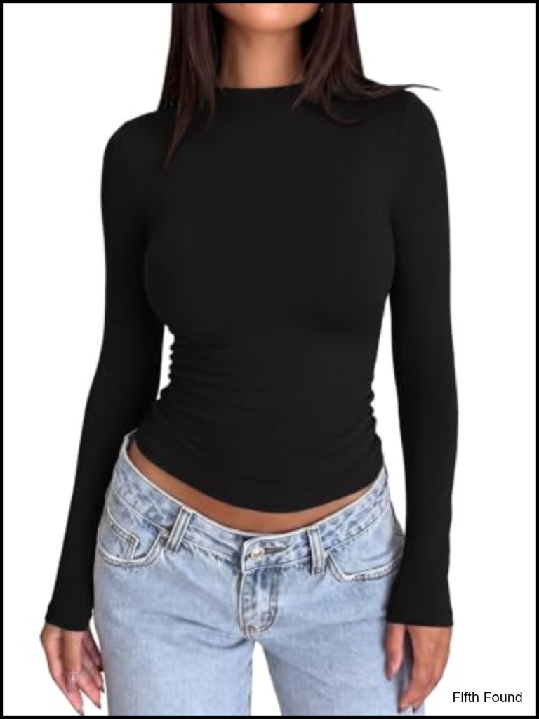 Mock Neck Double Lined Long Sleeve Shirt Ruched Waist Layering Top